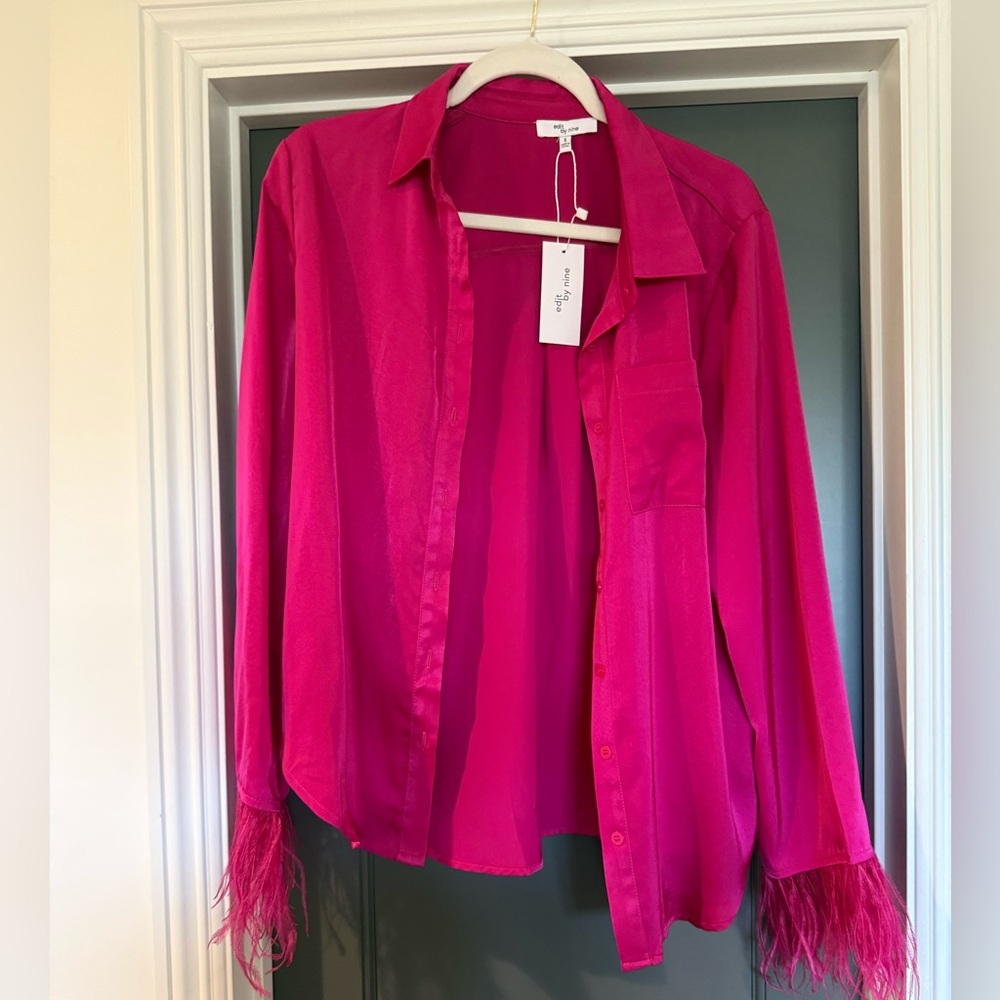 NWT Hot Pink Blouse with feathers